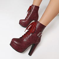 Bottines à plateforme bordeaux pour femme 2026, à talons hauts, à lacets, double boucle, style punk, courtes, vintage, gothiques, pour soirée