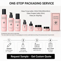 Ensemble d'emballages cosmétiques en verre rose givré avec flacon compte-gouttes, flacon pompe et pot vide rechargeable pour marque de soins de la peau avec boîte