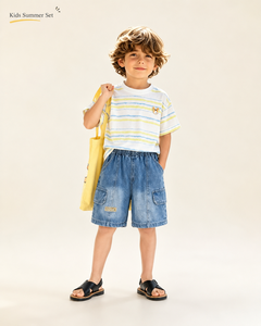 Ensemble d'été pour garçons : T-shirt rayé et short cargo en jean de coton <span class=keywords><strong>bleu</strong></span> délavé avec patch ours, tenues mignonnes pour enfants - Product Image 2
