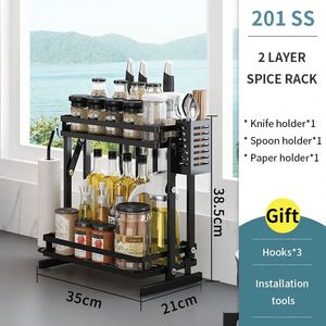 3 Tiers Foldable Stainless Steel <b>Collapsible</b> Organizers Spice Jar <b>Storage</b> Rack Seasoning Shelf Set With Knife Holder - Product Image 6
