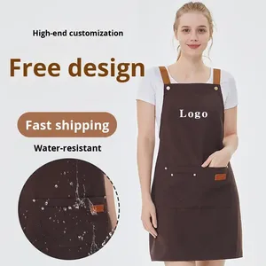 Customizable 100% Cotton Canvas Bib Double Pocket Waterproof Oil-Proof Brown Sleeved <b>Apron</b> with Embroidered Logo Multiple Colors - Product Image 2