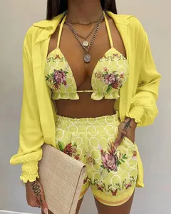 Conjunto de biquíni de cintura alta, roupa de praia feminina de manga longa e cadarço, três peças