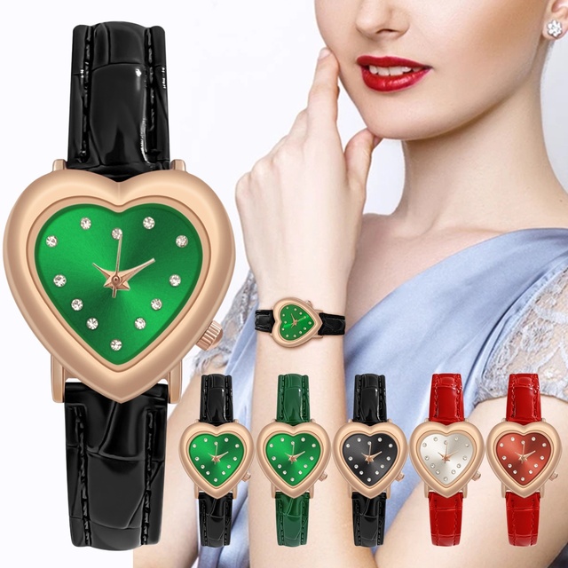 New Hot-Selling Eco-Friendly Fashion Small Green Watch Heart-Shaped Pointer Women Quartz Stainless Steel Case Casual PU Band