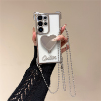 Coque de téléphone avec miroir de maquillage en forme de cœur en strass pour Samsung Galaxy S21-S26 Ultra, avec chaîne de poignet et protection d'angle plaquée