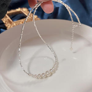 S925 Pure <b>Silver</b> Natural Freshwater <b>Pearl</b> <b>Necklace</b> Versatile High-End Collarbone Design Gentle Niche with Crushed <b>Silver</b> Detail - Product Image 1