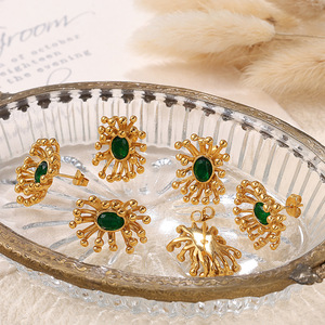 ต่างหูรูปดอกไม้หินสีเขียวทองโลหะผสมสังกะสีการตั้งค่ากรอบเครื่องประดับปาร์ตี้ EH935 - Product Image 2