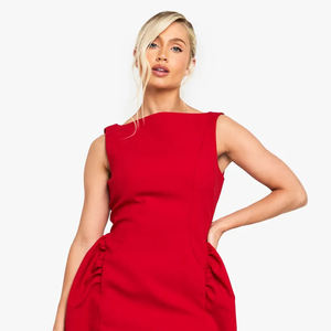 Femmes élégant été Mini robe cou une épaule conception flatteur martelé <span class=keywords><strong>sans</strong></span> manches plissé côté détail modeste solide - Product Image 2