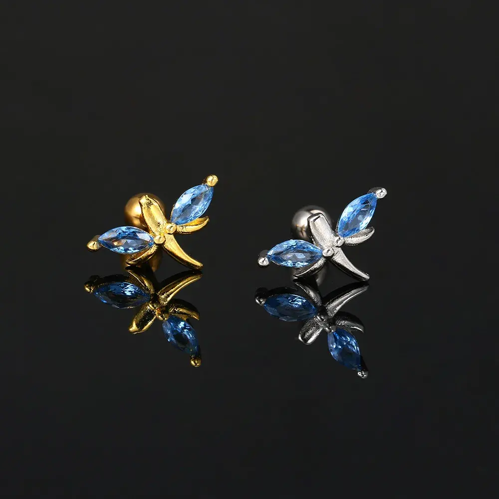 2 piezas de circón azul libélula oreja cartílago Tragus Helix Piercing Labret labio Stud pendiente mujeres accesorios cuerpo joyería regalo