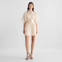 Robe d'été plissée courte en A, couleur ivoire, avec col chemise, manches courtes, boutonnage frontal et taille smockée, pour femme, vente en gros sur mesure