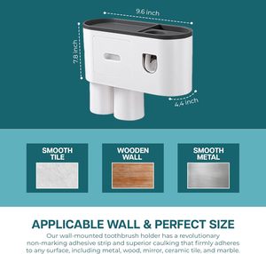 Porte-brosse à dents mural à 4 fentes Distributeur automatique de dentifrice Presse-dents avec 2 tasses magnétiques Ensemble de salle de bain - Product Image 2