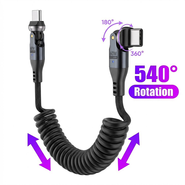 New Double 540 Rotation 60w Retractable Coiled Spiral USB C to USB C Fast Charging Data Cable Cables