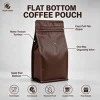 Sacs d'emballage pour grains de café à fond carré, doublés de feuille marron mate, avec logo imprimé en héliogravure, fermeture éclair et dégazage unidirectionnel