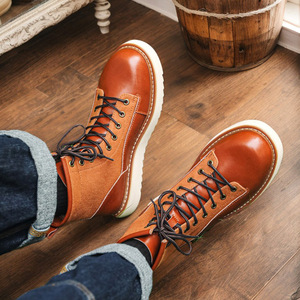 Botas de Trabajo de Cuero para Hombre, Estilo Retro Americano, Botas de Motero de Caña Alta, Punta Redonda, Suela Gruesa, Calzado Informal - Product Image 3