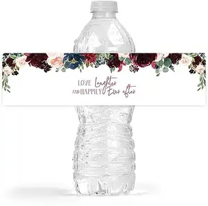 Pemasok Cina Burgundy dan Navy bunga botol bungkus mineral botol air label untuk Dekorasi nikmat pesta ulang tahun mandi bayi