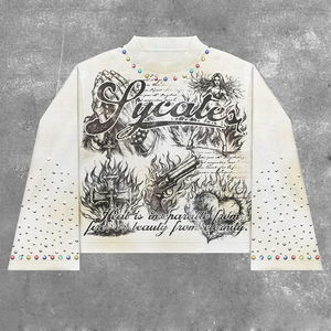 <span class=keywords><strong>2025</strong></span> Tùy Chỉnh Thiết Kế Mới Quá Khổ Khoan Nóng Dài Tay Áo Đau Khổ Axit Rửa loe Tay Áo Rhinestone Dtg In Ấn T-Shirt - Product Image 1