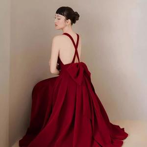 Nouvelle Robe de Soirée Élégante en Velours à Dos Nu avec Nœud Creux et Taille Cintrée Couleur Unie - Product Image 2