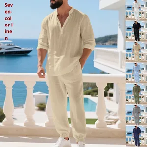 Cross Border autunno americano abito di <span class=keywords><strong>lino</strong></span> largo vacanza casa pendolarismo stile sottile camicia a maniche lunghe Set pantaloni lunghi - Product Image 5