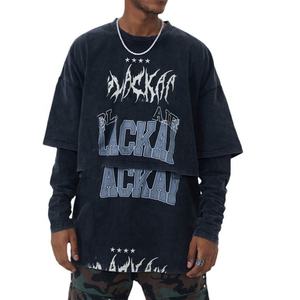 Camiseta de Hombre con Logotipo Personalizado, Camiseta de Manga Larga de Doble Capa, Estilo Urbano, Vintage, Holgada, Lavada al Ácido - Product Image 2