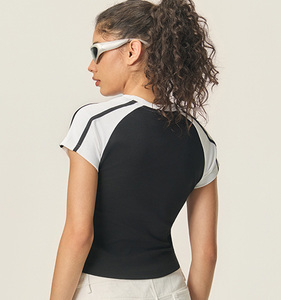 92.2% Cotton 7.8% Spandex <b>Women's</b> Slim Fit Stretch Cropped T-Shirt Custom Logo Color Block Striped Short Sleeve <b>Crop</b> <b>Top</b> - Product Image 5