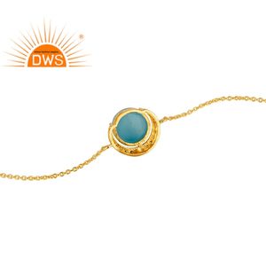 Pulsera de Cadena para Mujer con Gema de Calcedonia Azul y Circonitas, Bañada en Oro de 18k sobre Plata de Ley, Joyería al por Mayor - Product Image 3