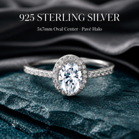 Cincin Cubic Zirconia Perak Sterling 925 Potongan Oval 5x7mm CZ Halo Pave Band Solitaire Cincin Pengantin Wanita