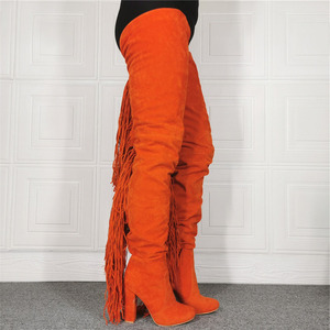 Bottes longues uniques à pompons orange vif pour femmes, avec franges longues et talons épais, adaptées aux grandes pointures, bottes au-dessus du genou, personnalisables - Product Image 4