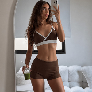 Women's Sports Two Piece Set Contrast V Neck Sports Bra with Breast <b>Pads</b> High Waist <b>Hip</b>-Lifting Shorts <b>for</b> Sports and Daily Wear - Product Image 3