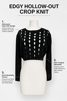 Pull court en maille noire ajouré pour femme, manches longues, col rond, style gothique vieilli, streetwear, collection automne