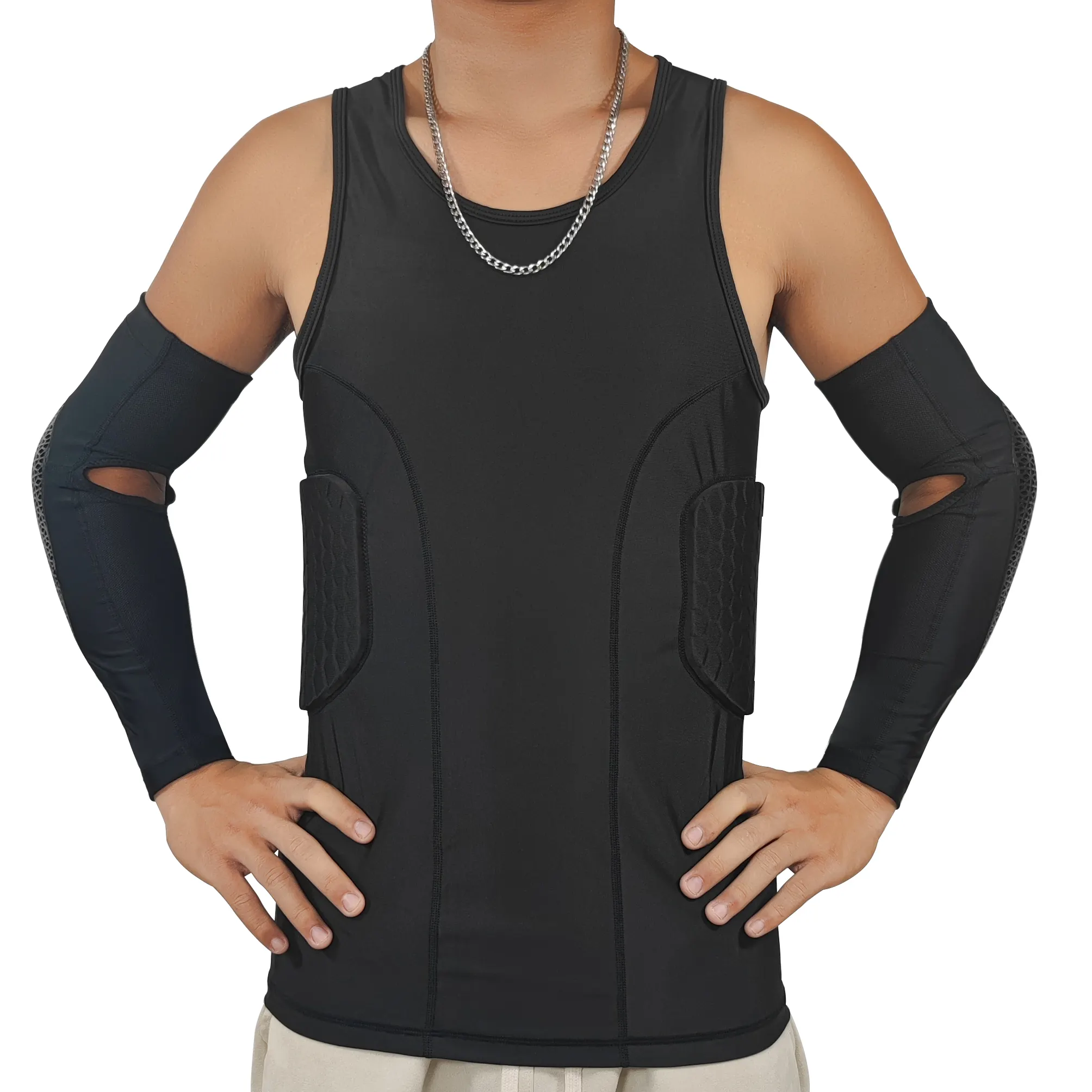 Men Sports Rash Guard Compression Padded Protective Shirt vest for Soccer Basketball Training