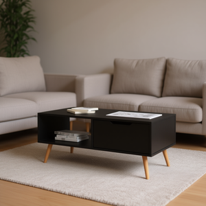 Tavolino da Caffè in Legno Ingegnerizzato Nero 39.4x19.5x16.9 Pollici con Contenitore, Stile Moderno Mid-Century per Soggiorno - Product Image 2