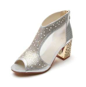 صنادل نسائية بكعب عالي للصيف بكعب سميك فم سمكة شبكي جديد جيد التهوية للنساء من حجر الراين أحذية برقبة رائعة بسحاب خلفي - Product Image 6