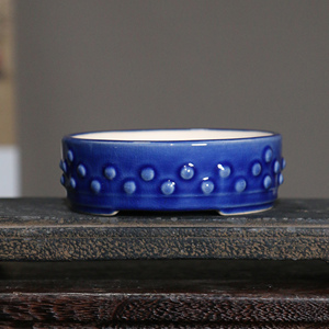 Pot à bonsaï en céramique, forme de tambour rond, petite taille, glaçure bleue, jardinières de bureau, style japonais - Product Image 2