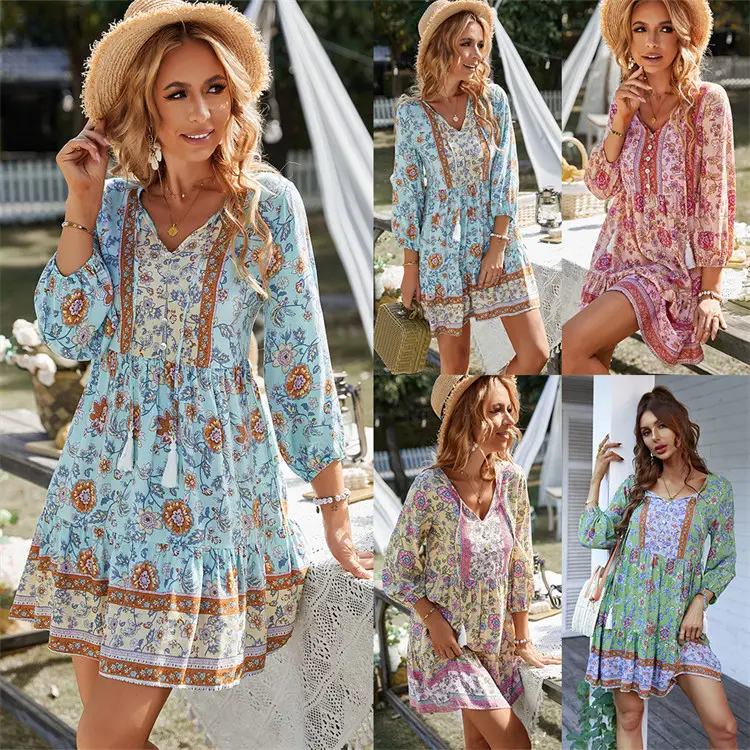 Vendita calda donna stile etnico estate manica lunga Boho mini abito corto abito da spiaggia floreale abiti casual da donna