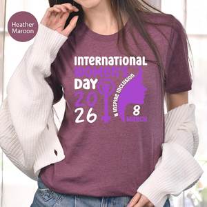 T-shirt da donna per la Giornata Internazionale della Donna 2026, stampa viola, casual, girocollo, manica corta, 100% cotone jersey, primavera estate - Product Image 3
