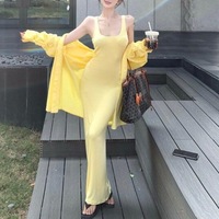 Ensemble décontracté d'été pour femme : Chemise-veste jaune à col polo et manches longues, Robe nuisette, Jupe longue sirène, Deux pièces en polyester 3D