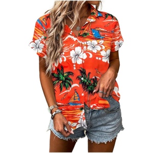 Summer <b>Women</b> Vintage <b>Hawaiian</b> <b>Shirt</b> Soft Cool Hawaii Floral Tropic Print V Neck Blouse Short Sleeve Button Front - Product Image 1
