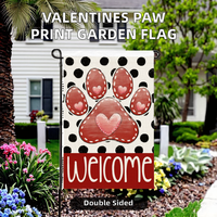 Bandera de Jardín de San Valentín 12x18 Pulgadas con Huella de Pata y Corazón, Doble Cara, Poliéster, Resistente a la Decoloración y a la Intemperie, para Aniversario, Boda, Jardín