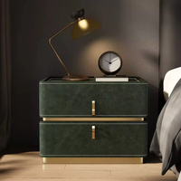 Table de chevet moderne en bois massif avec 2 tiroirs, style minimaliste de luxe, avec poignée dorée, revêtement en cuir, rangement et organisation