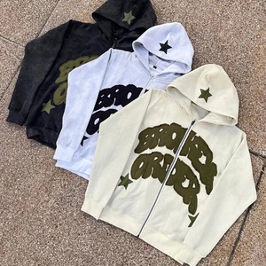 Custom Hoodies Heavyweight Cotton <b>Vintage</b> Acid Washed Distressed Patch Applique Embroidery <b>Zip</b> <b>up</b> Oversized <b>Hoodie</b> for Men - Product Image 2