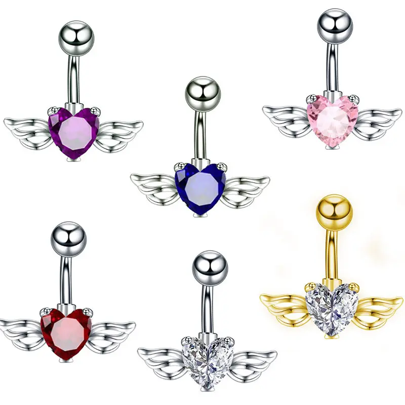 Asas de anjo de cristal, piercing para umbigo, colorido, asas de zircônio, barra, amor, coração, anel de botão