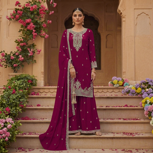 Ensemble en rayonne brodé bordeaux pour femme avec dupatta, tenue traditionnelle indienne et pakistanaise, longueur ras du sol, coupe classique - Product Image 1