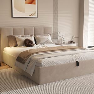 <span class=keywords><strong>Letto</strong></span> Imbottito di Alta Qualità Effetto Pelle con Meccanismo Idraulico, Contenitore Beige con Sollevamento a Gas e <span class=keywords><strong>Testiera</strong></span> - Product Image 1