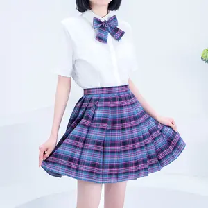 Kawaii pilili ekose etekler gençler mor yüksek bel bayan Mini etek japon okul üniforması Cosplay yaz