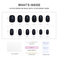 Fournisseur professionnel d'ongles : Faux ongles en gel souple courts de haute qualité, noir mat, forme ovale, style French, à presser, sans design.