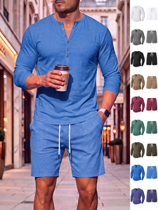 Vêtement pour hommes de style européen et américain, printemps et automne, haut à manches longues multi-boutons, décontracté, couleur unie, avec cordon de serrage - Product Image 1