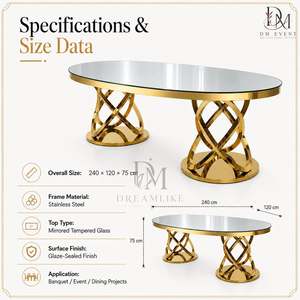Table de banquet ovale de luxe en acier inoxydable avec plateau miroir et base de piédestal entrelacée pour événements de mariage (vente en gros) - Product Image 5
