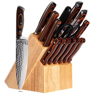 15 pcs Hammered Kitchen Knife Set with Wooden Block High Carbon Stainless Steel Chef Knife Set with Triple Rivet Handle