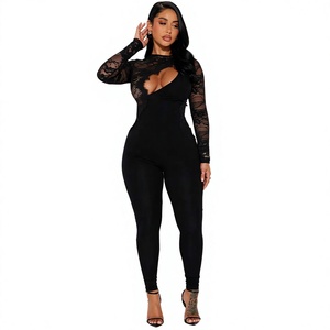 Women's Black Lace Sleeve Breathable Knitted <b>Bodycon</b> <b>Jumpsuit</b> V-neck Chest Cutout Skinny - Product Image 1