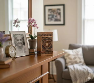 Ready to Ship Elegant Solid Wood Funeral Urn with Hand Carved Floral Design <b>Memorial</b> Ashes Container <b>Box</b> For Sale - Product Image 3