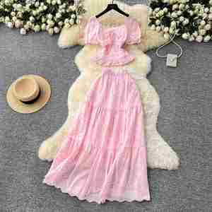 Women's Winter Solid Woven Embroidered Roman Vacation Style <b>Square</b> Collar Puff Sleeve Tunic Top High Waist Skirt <b>Set</b> Wholesale - Product Image 1